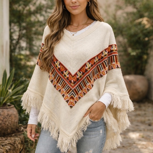 Sweaters - Cream and Red Patterned Poncho 06-0216